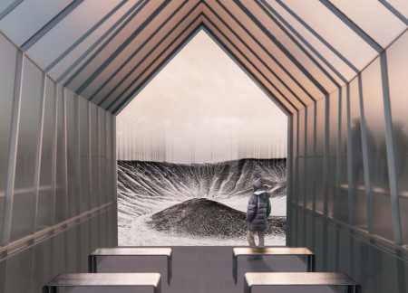 Translucent Glass Walls and Natural Wood Elements Illuminate a Community Gathering Space Amidst a Volcanic Landscape
