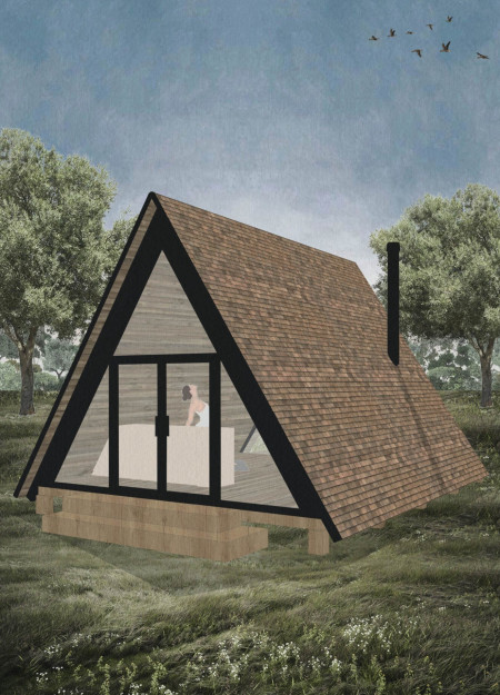 Triangular Roof Structure Crafted from Local Timber and Designed for Meditative Retreat