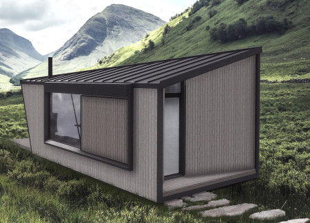 Compact home featuring charred wooden shingles and cross-laminated timber for sustainable living