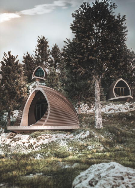 Curved Shelters of Local Wood Enhancing Wellness Through Natural Light and Serene Landscapes