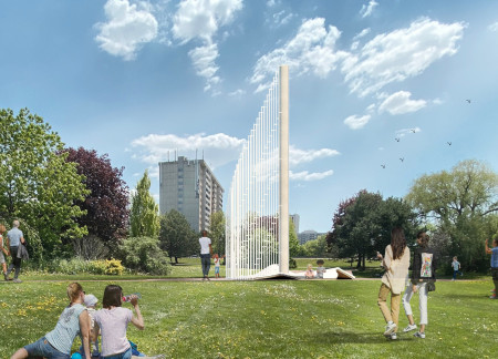 Concrete Column and Steel Bracing in a Reflective Space for Community Remembrance