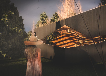 Weathered Steel Retreat with Asymmetrical Timber Form for Mindful Reflection