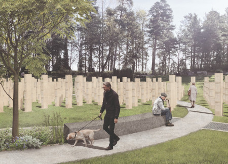 Stacked Columns of Sandstone and Granite Creating a Reflective Memorial Space  