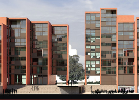Sustainable Community Living Utilized With Modular Design and Glass Facades Featuring Brick and Timber Elements