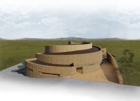 Sustainable Community Hub Featuring Organic Shapes and Local Stone Integration