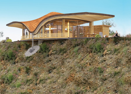 Yoga Retreat Featuring Bamboo Structure and Thatch Roofing in a Serene Natural Landscape
