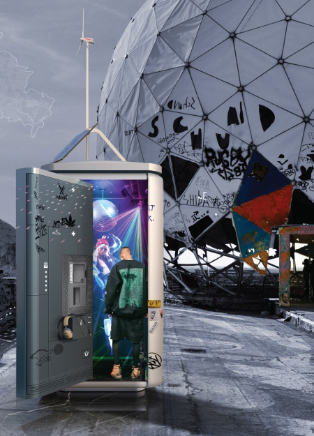 Holographic Panels and Solar Technology in a Compact Urban Kiosk  