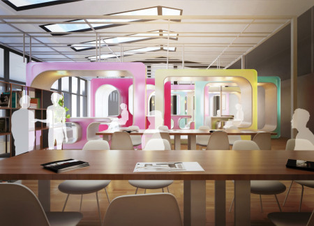 Colorful Modular Spaces with Steel Mesh Partitions and Acoustically Enhanced Materials for Versatile Work Environments