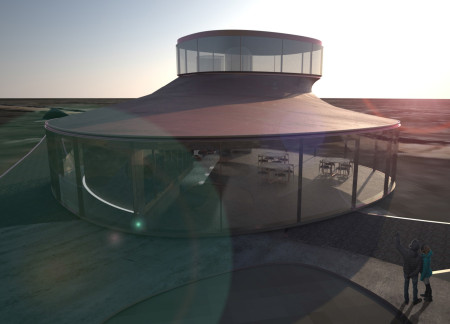 Curvilinear Forms of Weathering Steel and Panoramic Views in a Sustainable Gathering Space