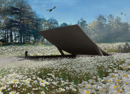 Memorial Space Crafted with Natural Stone and Concrete Layers in a Forest Setting