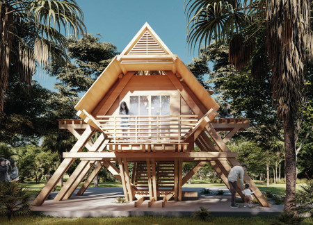 Elevated Retreat Crafted from Sustainable Timber and Geometric Roof Design in Cambodia