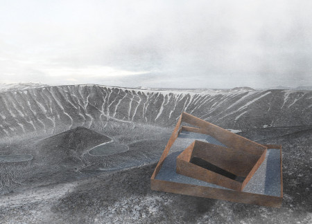 Lava Rock Facade Melding With Weathered Metal In a Community Gathering Space
