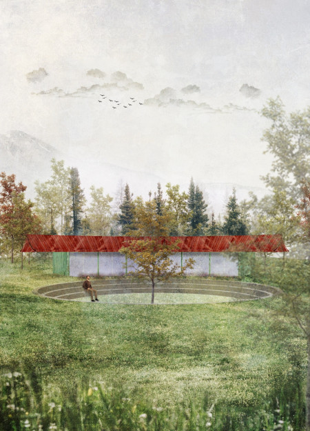 Circular Structure with Charred Wooden Shingles Nestled in a Lush Landscape
