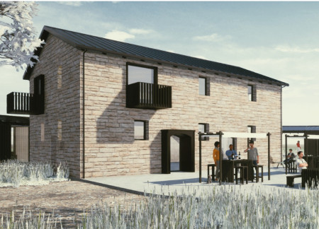 Circular Community Housing Emphasizing Natural Stone and Warm Timber Integration