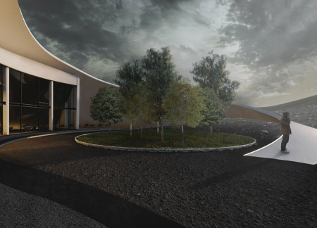 Translucent Glass and Basalt Cladding Define a Sustainable Café Embedding in Volcanic Terrain