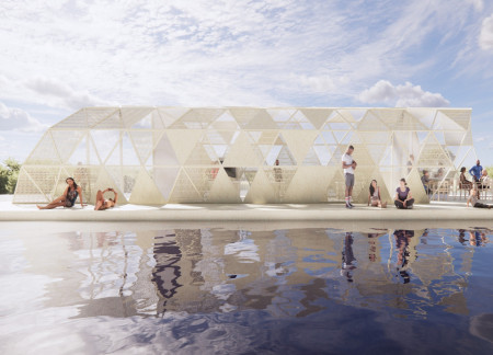 Charred Wooden Shingles and Hexagonal Grid Shell Define Community Pavilion by the Waterfront