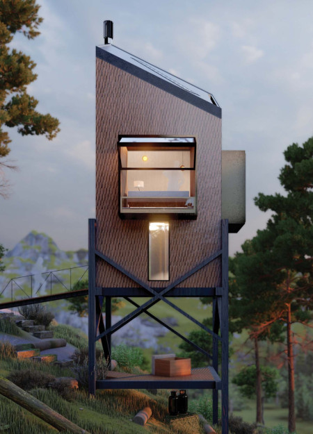 Elevated Living with OSB and Charred Shingles Amidst Nature's Canopy  