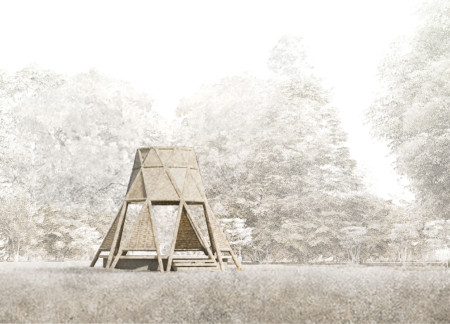 Woven Bamboo Shelter Featuring Octagonal Skylight for Meditative Retreat