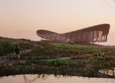 Curvilinear Structures Elevated with Sustainable Wood and Glass for Wildlife Observation