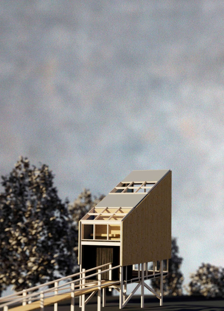 Elevated Sanctuary Crafted From Laminated Wood Panels and Recycled Cladding Nestled in a Forest Setting  