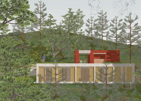 Curved Walls of Fair-Faced Concrete and Red Brick Create a Tranquil Yoga Retreat in the Mountains  