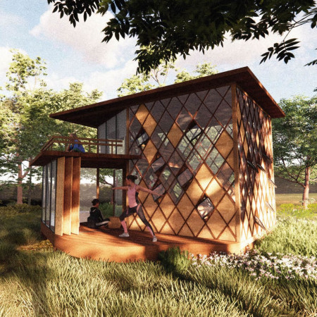 Diamond-Shaped Windows and Elevated Structure in Sustainable Timber Retreat  