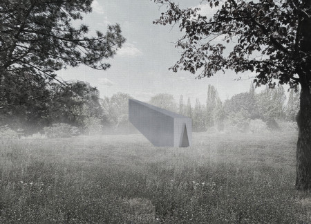 Triangular Concrete Form Featuring Steel Slits in a Serene Park Setting