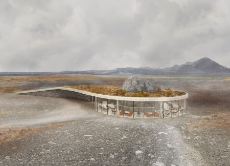 Elliptical Structure of Reinforced Concrete with Local Stone and Expansive Glazing in Icelandic Landscape