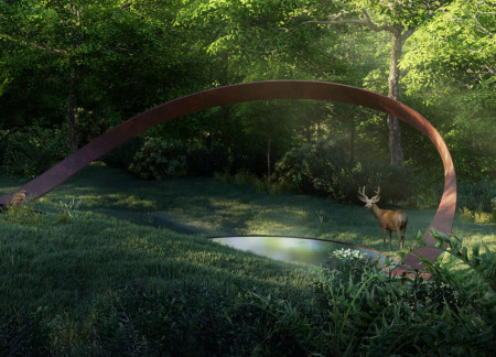 Weathered Steel Canopy Overlooking Reflective Water Pool in a Forest Meditation Shelter