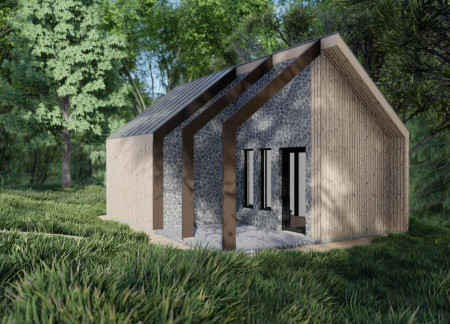 Fieldstone Hearth Surrounded by Vertical Wood Siding in a Serene Meditation Retreat