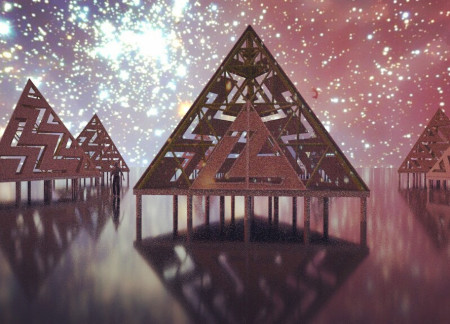 Pyramidal Structures Elevated Over Reflective Pools Featuring Steel Framework and Wood Cladding  