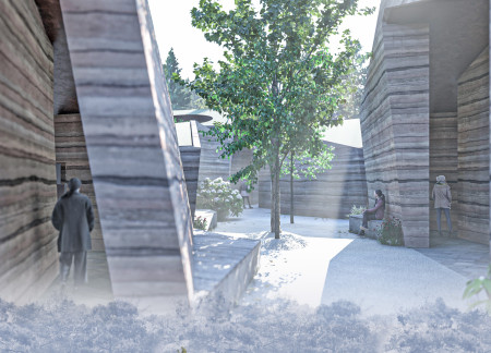 Rammed Earth and Corten Steel Create Reflective Remembrance Spaces in Nature