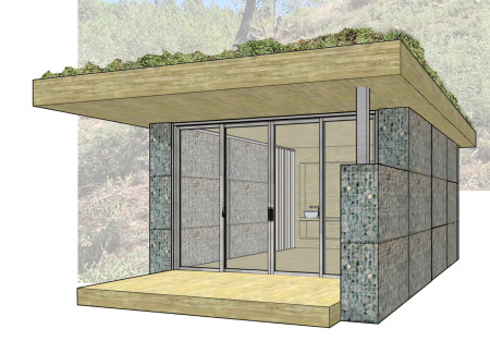 Gabion-Walled Retreat Featuring Natural Wood and Green Roof Integration for Mindful Living
