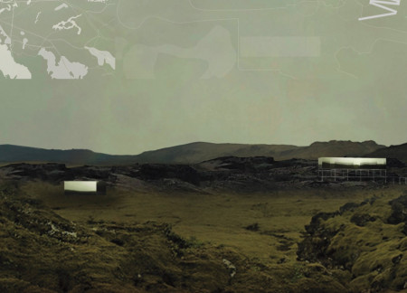 Reflective Glass Observation Deck Integrating Steel Framework Amid Geothermal Landscape  