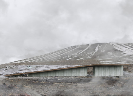 Floating Roof Design with Cast Concrete and Expansive Glass Emphasizing Volcanic Landscapes for a Community Café
