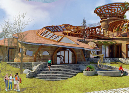 Spiral Form Community Home Crafted with Sustainable Wood and Solar Integration  