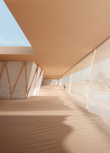 Charred Wood Canopy Over Sustainable Accommodation in the Desert Oasis  