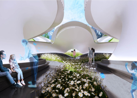 Breathing Structure of Polymer Fabric and Steel Cable Enveloping Reflective Memorial Spaces