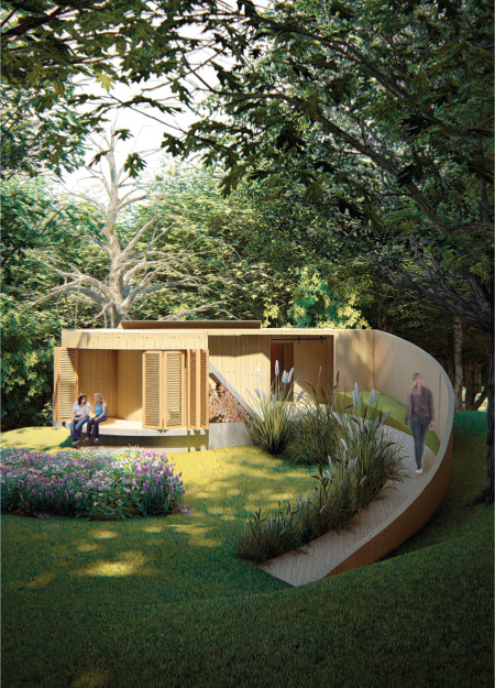 Natural Wood Canopy with Zen Space in Sustainable Timber Retreat  