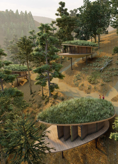 Cross-Laminated Timber Pods With Green Roofs Nestled in Serene Mountain Landscape  
