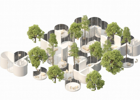 Circular Glass Pods With Biophilic Design Emphasizing Natural Wood Elements in a Park Setting  