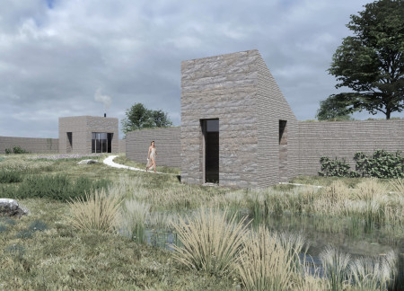 Curvilinear Paths Enhanced by Native Stone and Glass Facades in a Community Setting