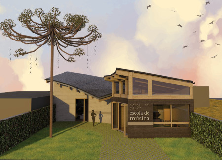 Curved Structure Featuring Sustainable Wood and Natural Stone in a Community-Centric Setting