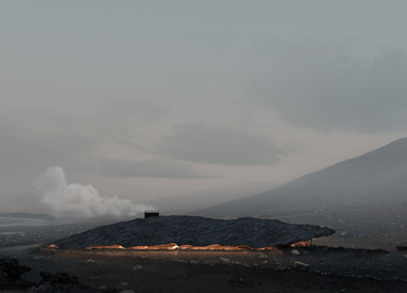 Earth-Sheltered Café Built With Local Concrete and Expansive Glass Panels Providing Uninterrupted Volcanic Views  