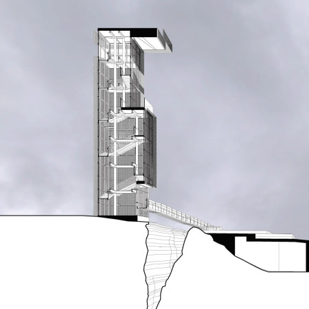 Expanded Metal Facade with Concrete Base and Elevated Viewing Platforms in a Natural Landscape