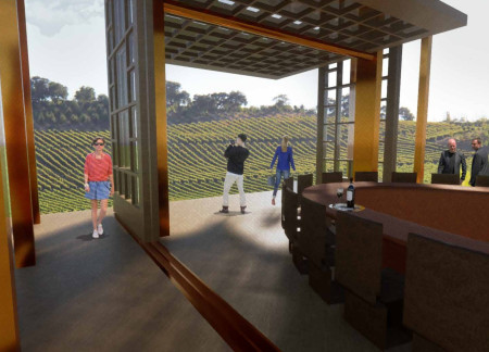 Charred Wooden Shingles and Biophilic Design in a Vineyard Tasting Facility  
