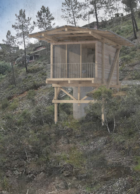 Elevated Eco Cabin Featuring Corrugated Metal and Local Pine in Harmonious Mountain Setting