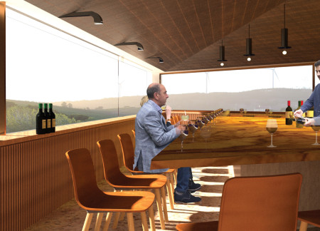 Curtain Wall Architecture With Pitched Roof Crafted from Durable Concrete and Warm Timber Elements for Wine Tasting Experiences