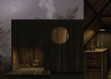 Charred Wooden Shingles and Natural Timber Panels in a Serene Residential Retreat