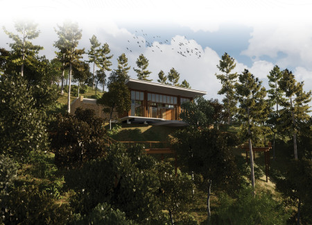 Charred Wood Shingles and Stone Walls in a Nature-Integrated Yoga Studio  